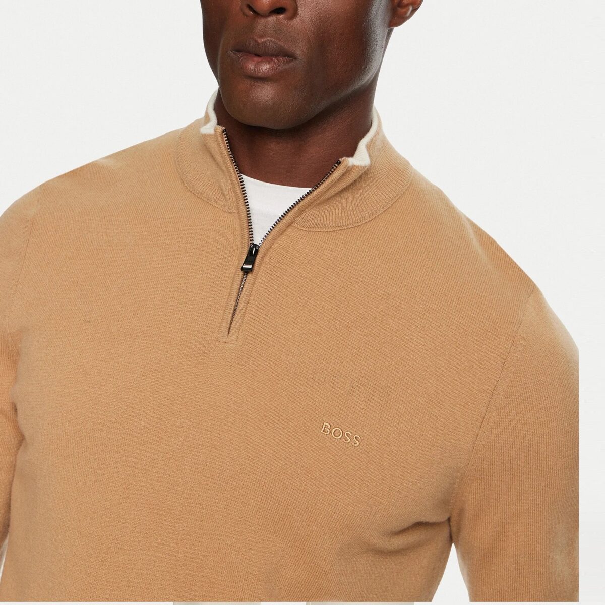 BOSS MEN ZIP NECK SWEATER IN VIRGIN WOOL WITH EMBROIDERED LOGO MEDIUM BEIGE - Image 2