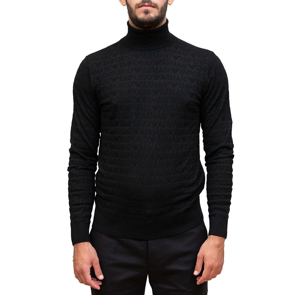 6D1MXJ1MJMK-0999-1 EMPORIO ARMANI MEN WOOL TURTLENECK SWEATER, WITH AN ALL OVER DESIGN OF THE BRAND'S LOGO BLACK - Image 1