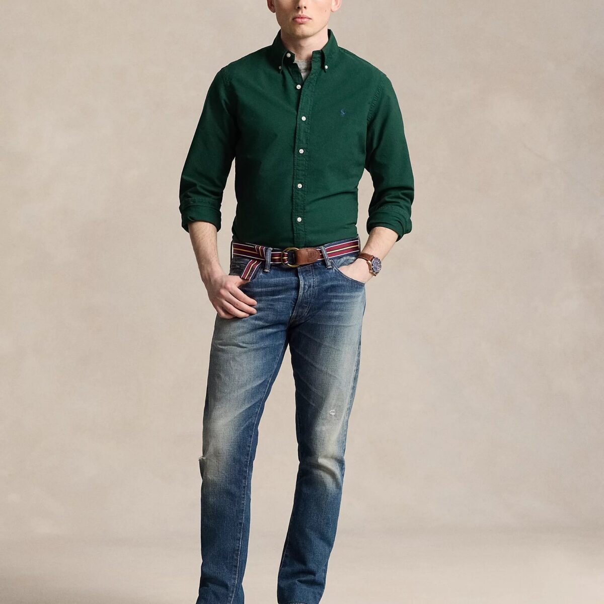 POLO RALPH LAUREN MEN GARMENT-DYED SLIM FIT OXFORD SHIRT - MOSS AGATE - Image 4