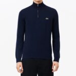 LACOSTE MEN’S HIGH ZIPPED NECK PLAIN COTTON SWEATER NAVY BLUE