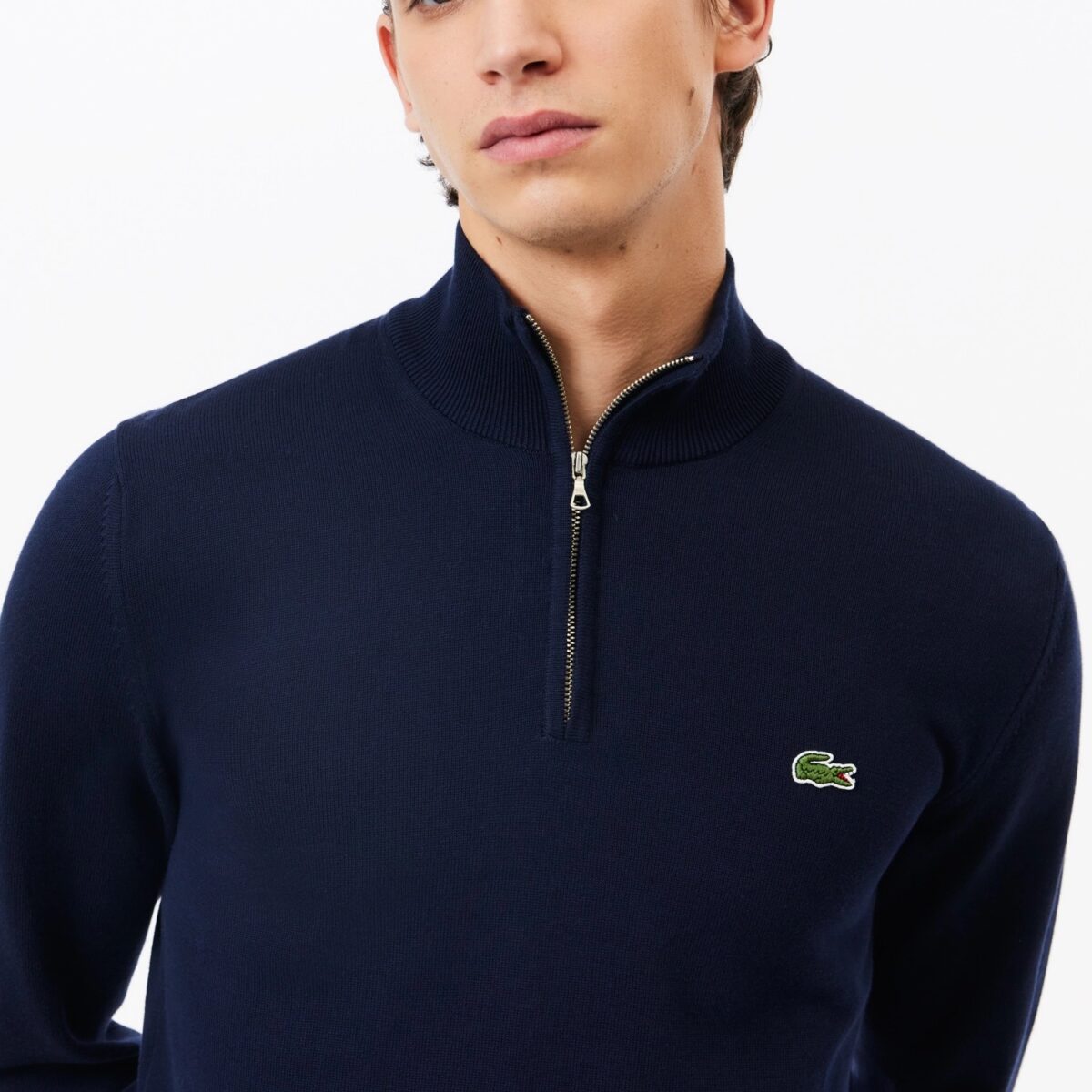 LACOSTE MEN’S HIGH ZIPPED NECK PLAIN COTTON SWEATER NAVY BLUE - Image 3