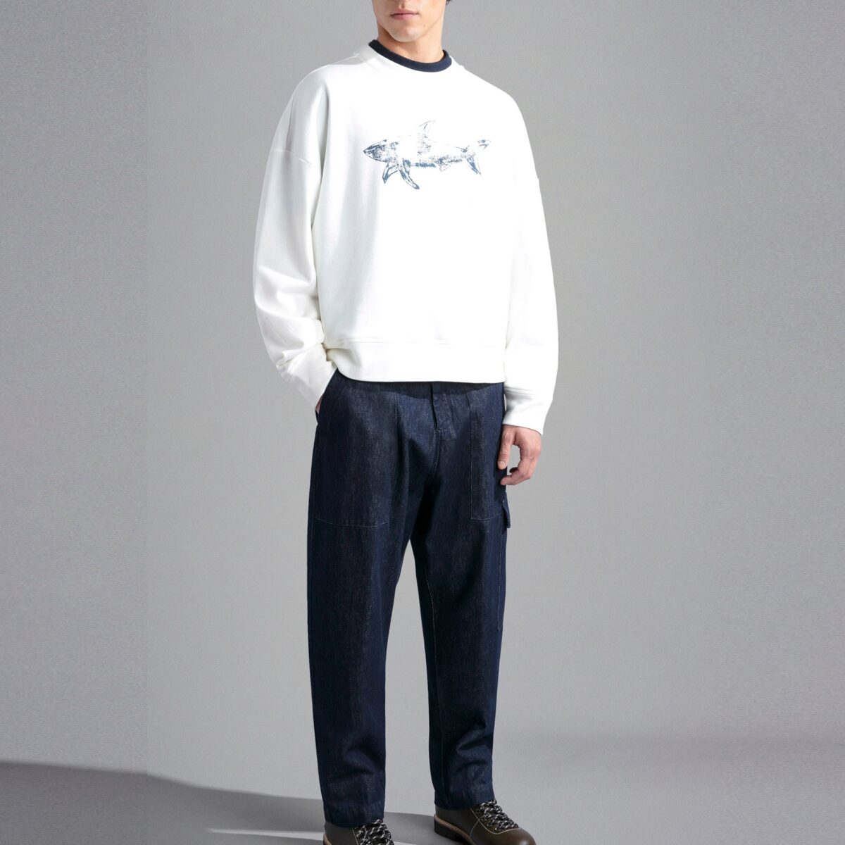 PAUL&SHARK MEN WINTER FLEECE COTTON SWEATSHIRT WITH PRINT WHITE - Image 4