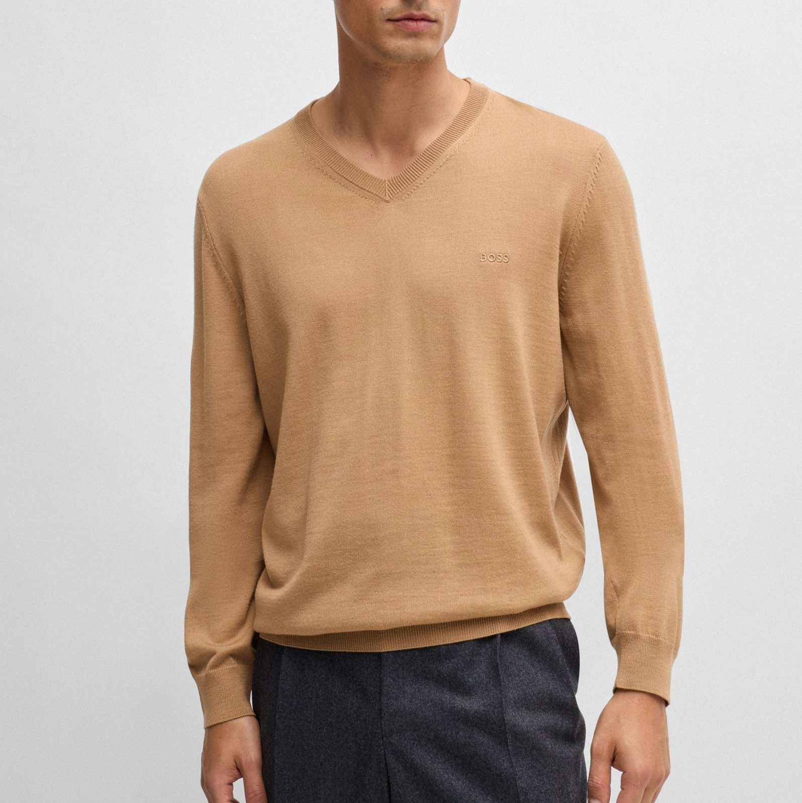 50476363-260-1 BOSS MEN VIRGIN-WOOL BARAM-L REGULAR-FIT SWEATER WITH EMBROIDERED LOGO BEIGE - Image 1