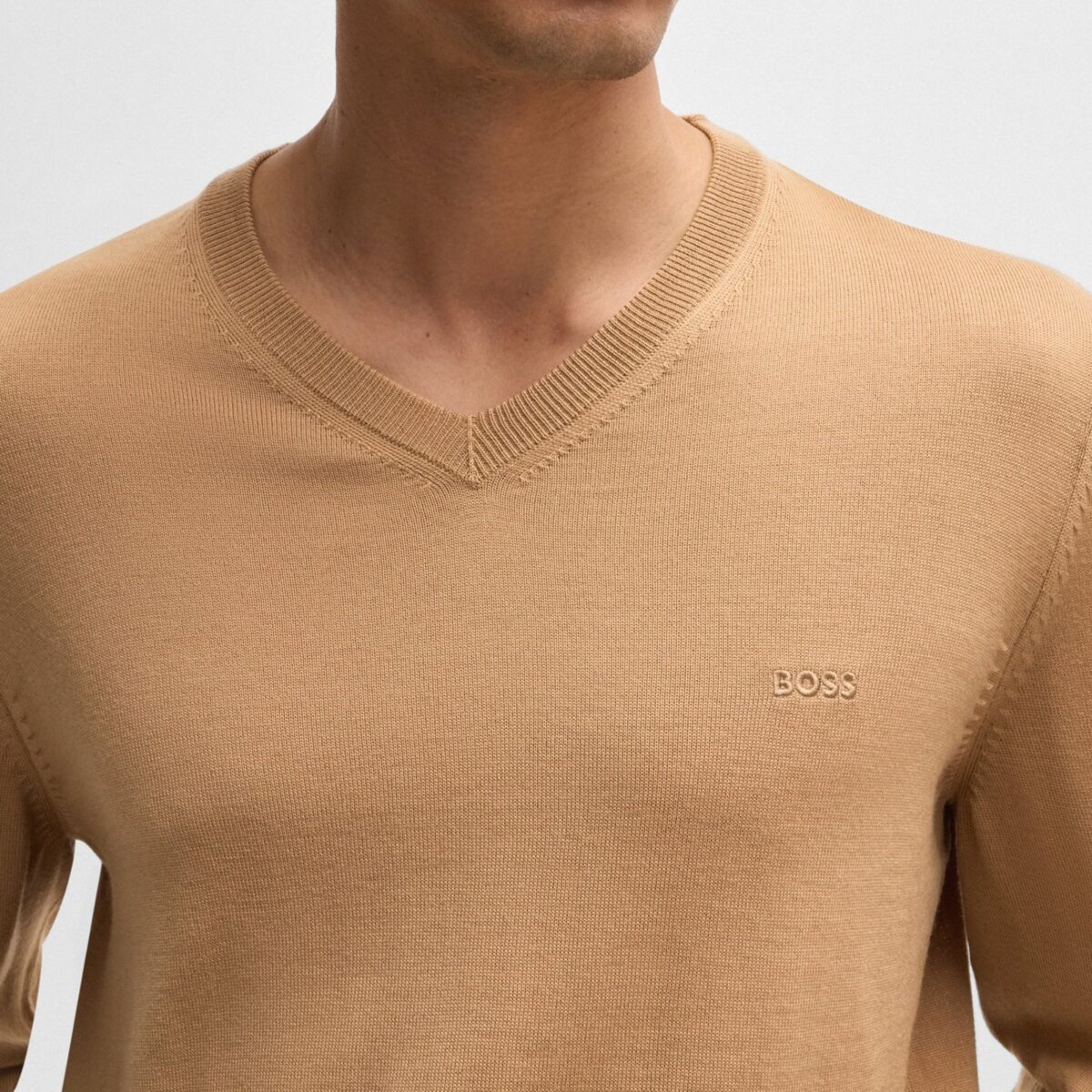 BOSS MEN VIRGIN-WOOL BARAM-L REGULAR-FIT SWEATER WITH EMBROIDERED LOGO BEIGE - Image 2