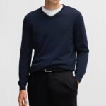 BOSS MEN VIRGIN-WOOL BARAM-L REGULAR-FIT SWEATER WITH EMBROIDERED LOGO DARK BLUE