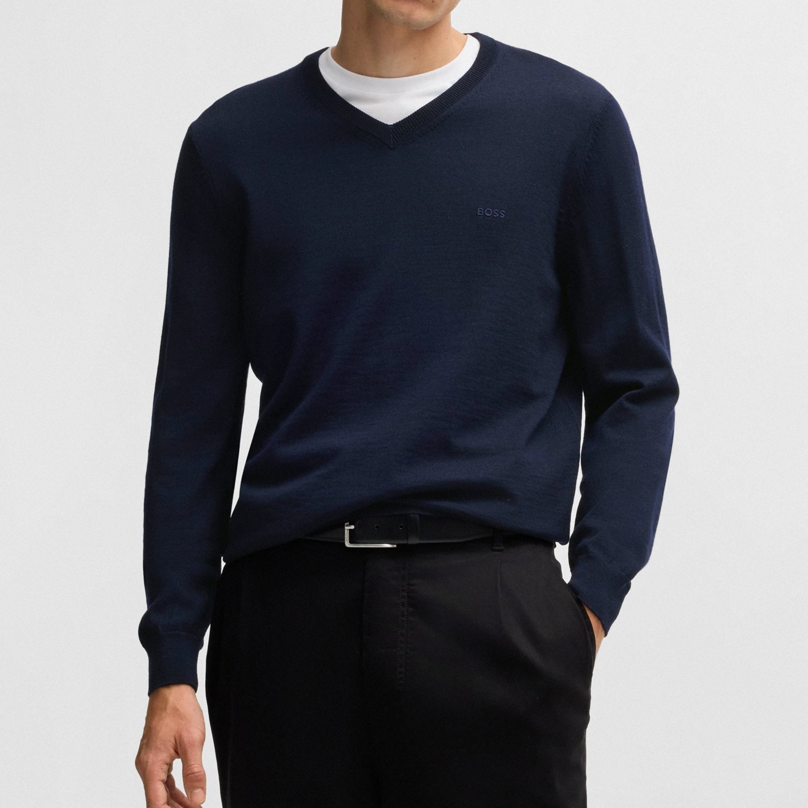 50476363-404-1 BOSS MEN VIRGIN-WOOL BARAM-L REGULAR-FIT SWEATER WITH EMBROIDERED LOGO DARK BLUE - Image 1