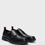 HUGO MEN DOUBLE-MONK SHOES IN LEATHER WITH SIGNATURE OUTSOLE BLACK