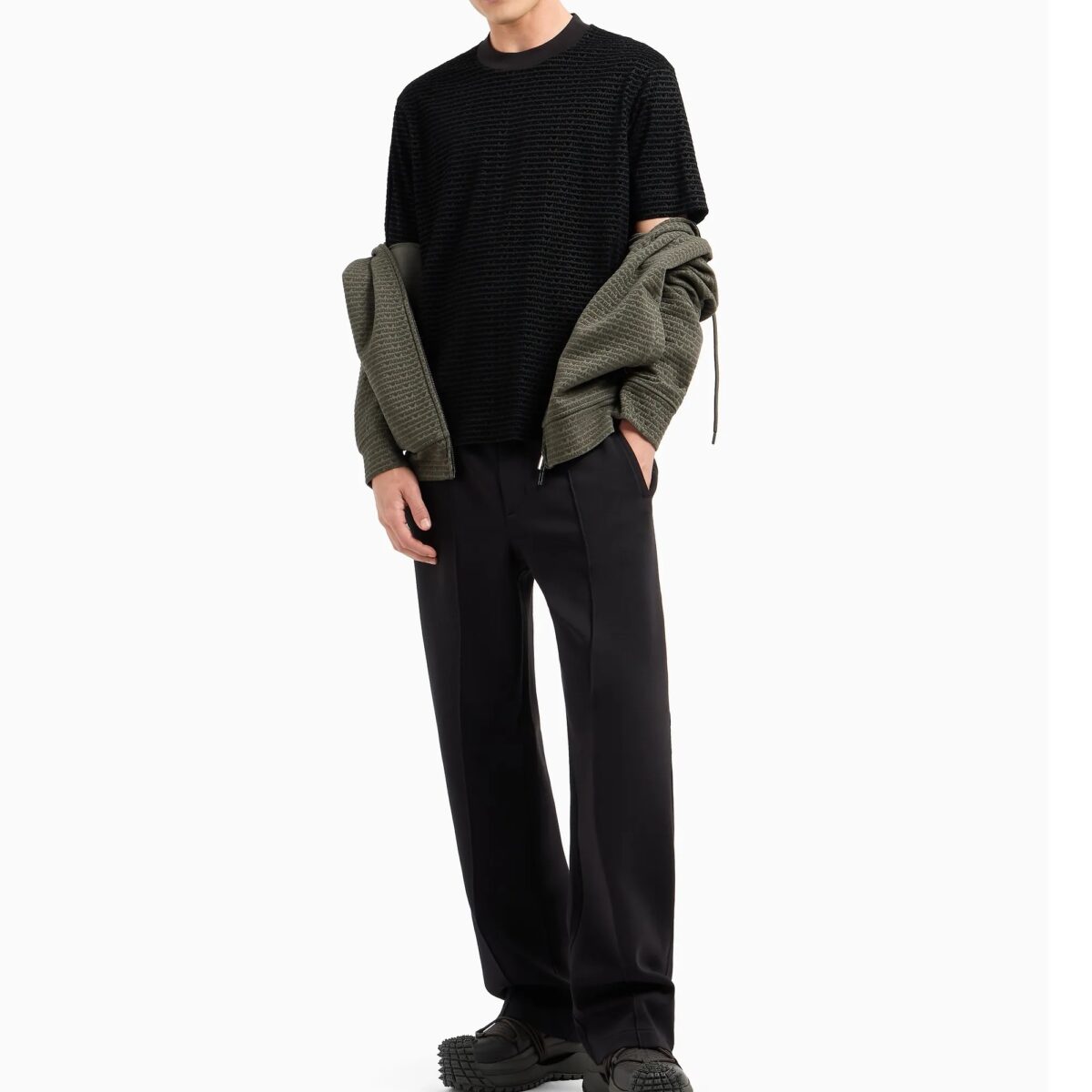 EMPORIO ARMANI MEN ASV LYOCELL-BLEND JERSEY T-SHIRT WITH ALL-OVER FLOCKED LOGO LETTERING BLACK - Image 4