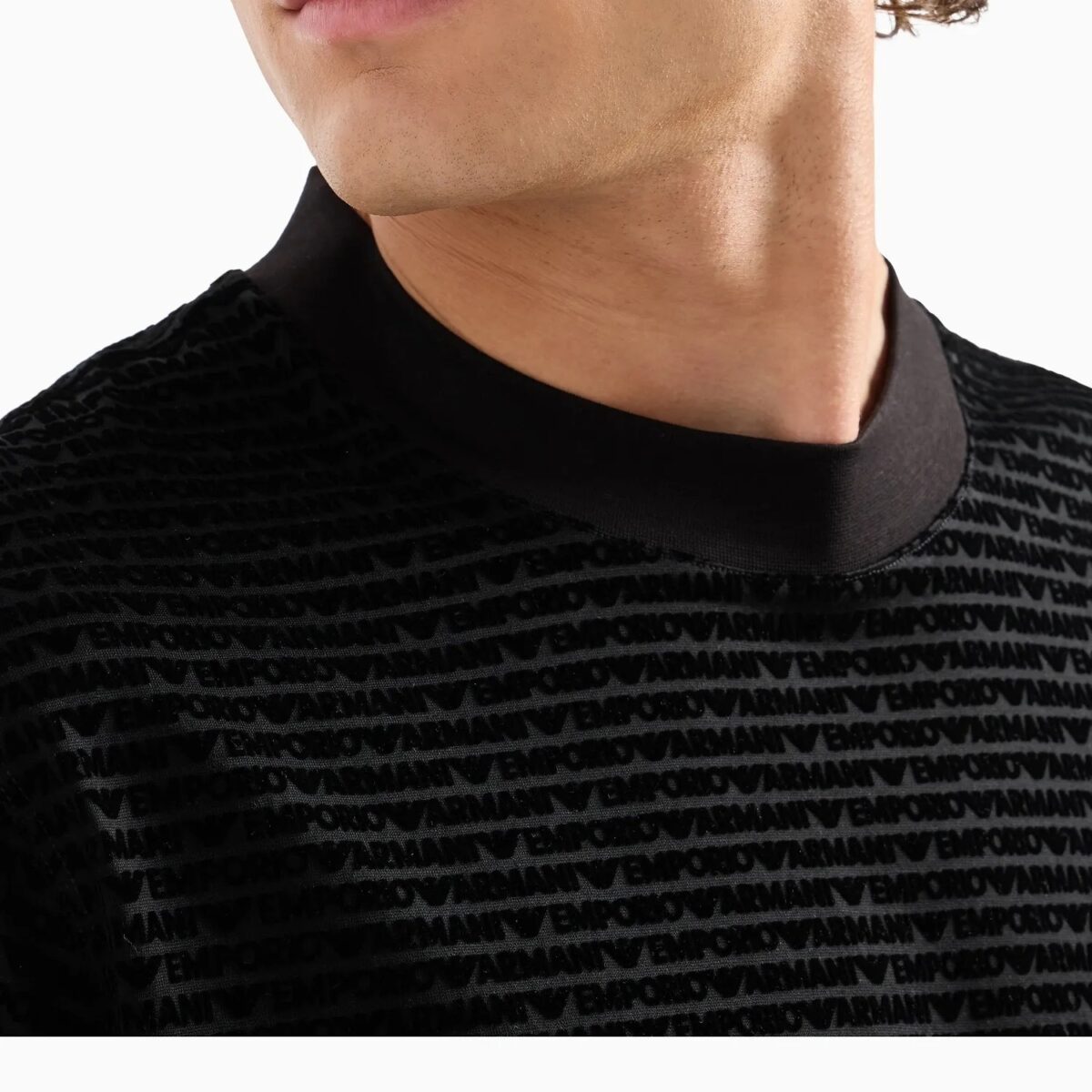 EMPORIO ARMANI MEN ASV LYOCELL-BLEND JERSEY T-SHIRT WITH ALL-OVER FLOCKED LOGO LETTERING BLACK - Image 2