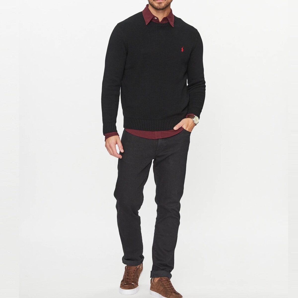 POLO RALPH LAUREN MEN COTTON SHAKER CREW KNIT POLO BLACK - Image 5