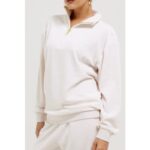 JUICY COUTURE OATMEAL MARL/ GOLD OVERSIZED QUARTER ZIP COTTON VELOUR TRACK TOP