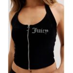 JUICY COUTURE BLACK CLASSIC VELOUR ZIP UP HALTER NECK TOP