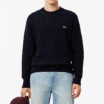LACOSTE MEN'S CABLE KNIT CARDED WOOL CREW NECK SWEATER MIDNIGHT BLUE