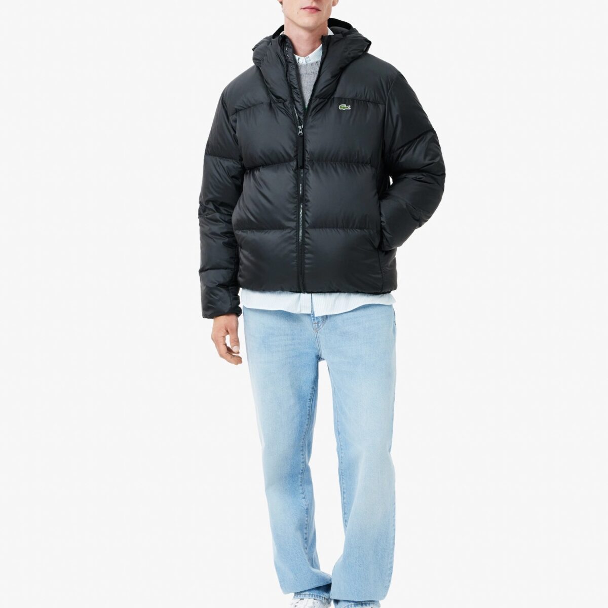 LACOSTE MEN'S SHORT WATER-REPELLENT HOODED PUFFED JACKET BLACK - Image 4