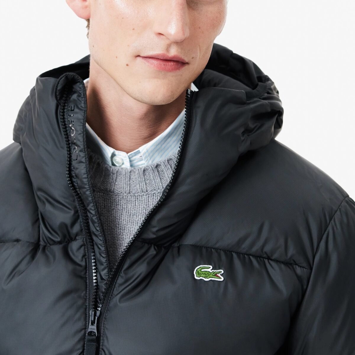 LACOSTE MEN'S SHORT WATER-REPELLENT HOODED PUFFED JACKET BLACK - Image 2