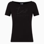 EMPORIO ARMANI WOMAN LOGO SERIES STRETCH COTTON BOAT NECK T-SHIRT BLACK - Image 4