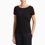 EMPORIO ARMANI WOMAN LOGO SERIES STRETCH COTTON BOAT NECK T-SHIRT BLACK