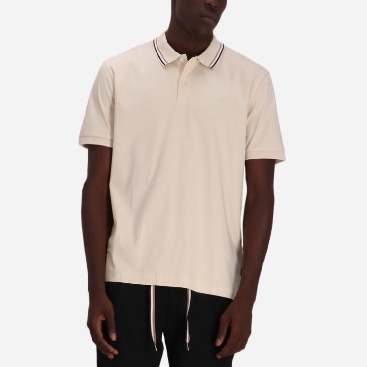 50469360-131-2 BOSS MAN SLIM FIT POLO IN COTTON WITH STRIPED COLLAR OPEN WHITE - Image 1