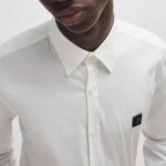HUGO MEN SLIM-FIT SHIRT IN STRETCH COTTON WITH STACKED LOGO OPEN WHITE - Image 3
