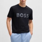 BOSS MEN COTTON JERSEY T-SHIRT WITH LARGE LOGO DARK BLUE