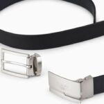 EMPORIO ARMANI MEN REVERSIBLE BELT IN TWO-TONE LEATHER WITH ALL OVER EMBOSSED EAGLE BLACK/BLUE