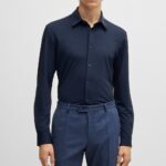 BOSS MEN P ROAN KENT C1 233 SLIM FIT SHIRT IN MELANGE STRETCH JERSEY DARK BLUE