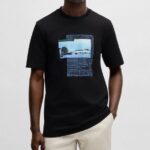 BOSS MEN COTTON JERSEY T-SHIRT WITH PHOTOGRAPHIC ARTWORK PRINT BLACK