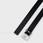 BOSS MEN'S ITALIAN LEATHER BELT WITH SIGNATURE-STRIPE KEEPER TRIM BLACK