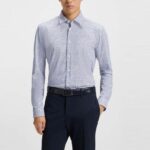 BOSS MEN'S SLIM FIT SHIRT IN PRINTED PERFOMANCE-STRETCH JERSEY NAVY BLUE