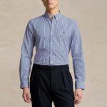 POLO RALPH LAUREN MEN'S SHIRT CUSTOME FIT STRETCH POPLIN BLUE/WHITE BENGAN STRIPE