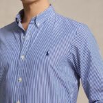 POLO RALPH LAUREN MEN'S SHIRT CUSTOME FIT STRETCH POPLIN BLUE/WHITE BENGAN STRIPE - Image 3