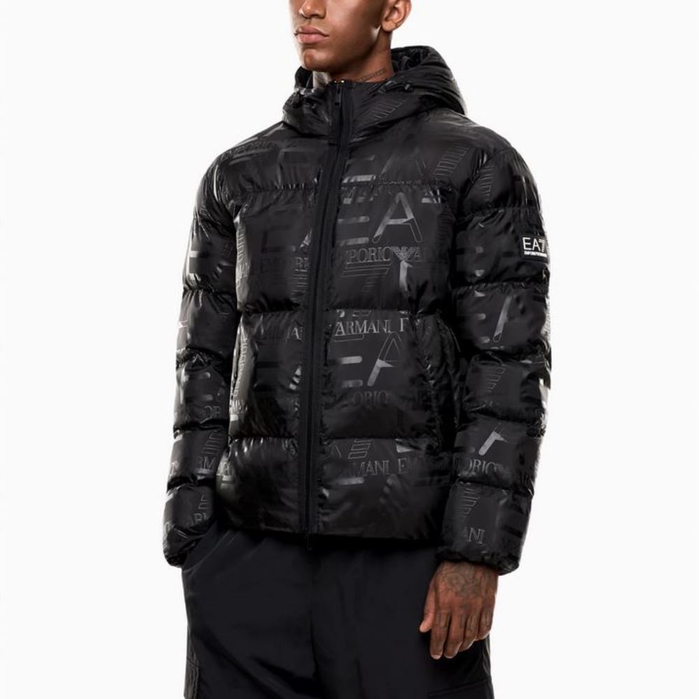 7M000697AF15969-UC001-1 EMPORIO ARMANI EA7 PADDED HOODED JACKET WITH ALL OVER LOGO PRINT BLACK - Image 1