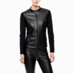EMPORIO ARMANI EA7 WOMAN TRAIN WINTER MIX ZIP UP SWEATSHIRT WITH LEATHER EFFECT BLACK
