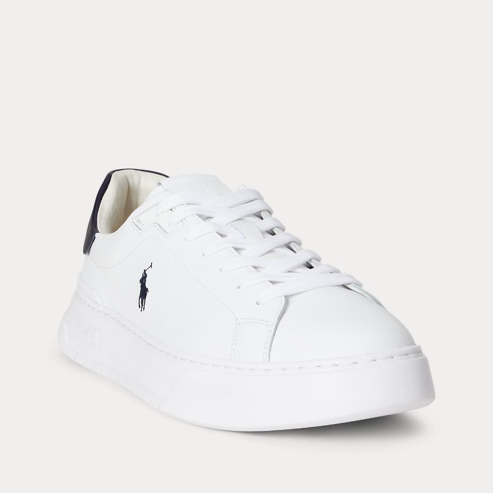809974097001-1 POLO RALPH LAUREN MEN RLITE COURT TUMBLED LEATHER TRAINER WHITE/NAVY - Image 1