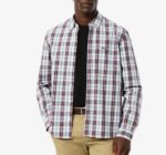 LACOSTE MEN'S REGULAR FIT LONG-SLEEVED POPLIN PLAID SHIRT BLANC BORDEAUX