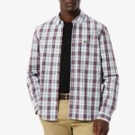 LACOSTE MEN'S REGULAR FIT LONG-SLEEVED POPLIN PLAID SHIRT BLANC BORDEAUX
