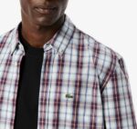LACOSTE MEN'S REGULAR FIT LONG-SLEEVED POPLIN PLAID SHIRT BLANC BORDEAUX - Image 2