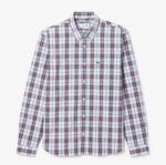 LACOSTE MEN'S REGULAR FIT LONG-SLEEVED POPLIN PLAID SHIRT BLANC BORDEAUX - Image 4