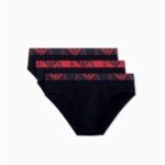 EMPORIO ARMANI MEN THREE PACK OF BRIEFS WITH BOLD MONOGRAM LOGO BLACK/BLACK/BLACK
