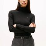 TOMMY HILFIGER WOMAN RIBBED ROLL SLIM SLEEVE TURTLENECK TOP BLACK