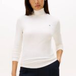 TOMMY HILFIGER WOMAN RIBBED ROLL SLIM SLEEVE TURTLENECK TOP IVORY SILK
