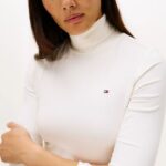 TOMMY HILFIGER WOMAN RIBBED ROLL SLIM SLEEVE TURTLENECK TOP IVORY SILK - Image 2