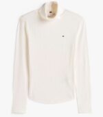 TOMMY HILFIGER WOMAN RIBBED ROLL SLIM SLEEVE TURTLENECK TOP IVORY SILK - Image 4