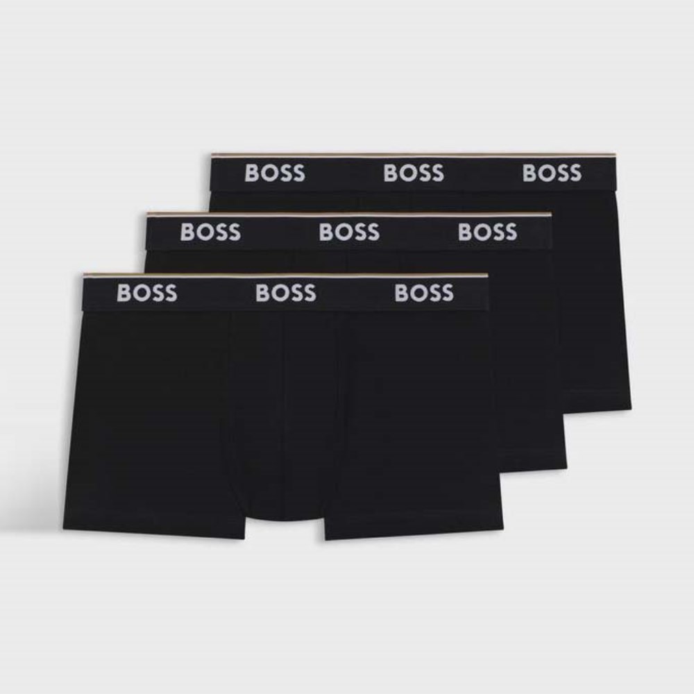 50475274-001 BOSS MEN'S THREE-PACK BOXER OF STRETCH COTTON TRUNKS WITH LOGO WAISTBANDS BLACK - Image 1
