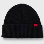 HUGO VIRGIN-WOOL BEANIE HAT WITH RED LOGO BLACK