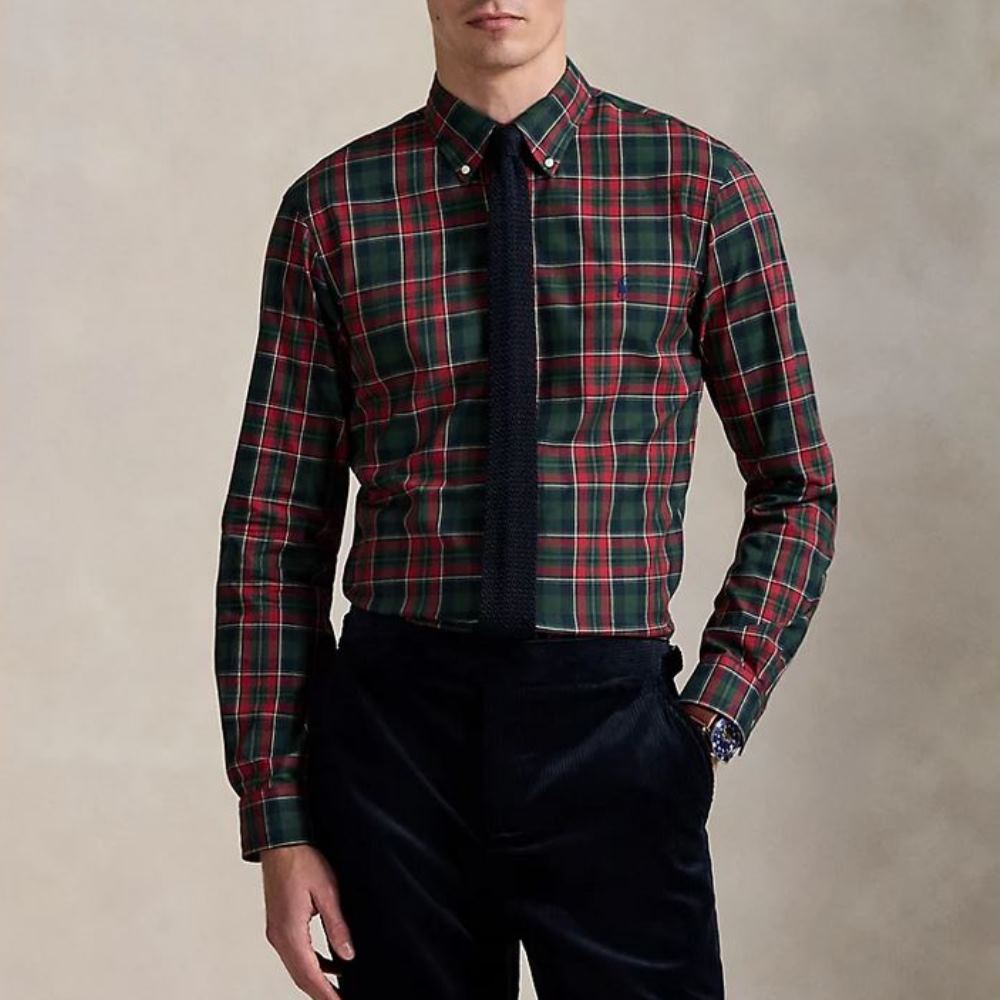 710953644008-4 POLO RALPH LAUREN MEN'S CUSTOM FIT PLAID TWILL SHIRT FOREST RED MULTI - Image 1