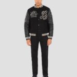SCHOTT MEN EMBROIDERED VARSITY JACKET COWHIDE LEATHER BLACK