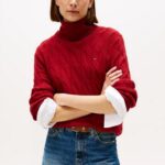 TOMMY HILFIGER WOMAN SOFT WOOL CABLE ROLL-NK DARK RED