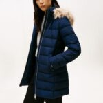 TOMMY HILFIGER WOMAN PUFFER MW DOWN SLIM COAT WITH FUR DARK NAVY BLUE