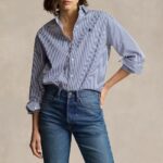 POLO RALPH LAUREN WOMEN'S RELAXED FIT STRIPED COTTON SHIRT CABANA BLUE-WHITE